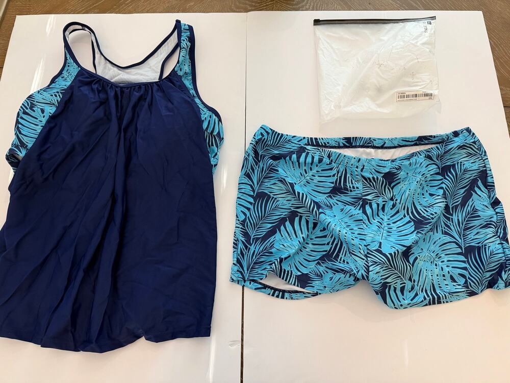 SHEIN Slaydiva Curve Plus Size Tankini Set 2XL Blue Palm Leaf Top Boy Shorts